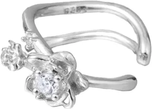 Sterling Silver Ear Cuff for Women, Flower Ear Cuffs Non Piercing, Silver Double-layer Earring Cuff,Zircon Fake Ear Cuff