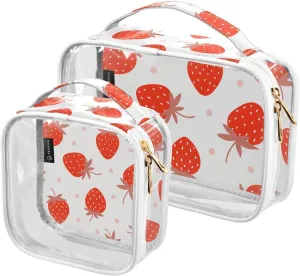 Strawberry White 2 Pieces Clear Makeup Cosmetic Bags for Traveling Vacation Organizing, Toiletry Bags for Women Men, PVC Waterproof Travel Organizer