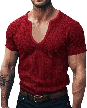 Striped Texture T-Shirts for Men Ribbed Knit Casual Tees Short Sleeve V Neck Shirts Gym Bodybuilding Tops