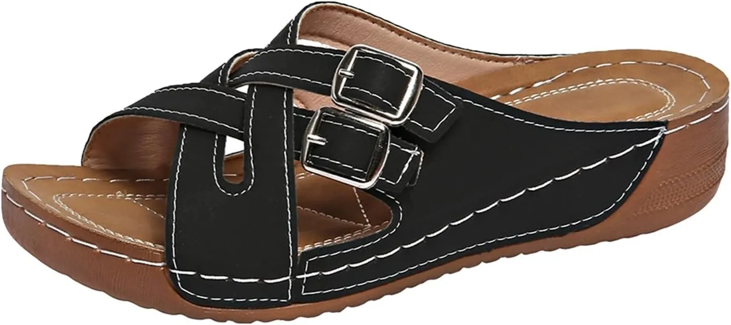 SuanlaTDS Orthopedic Sandals for Women 2025, Women's Platform Wedge Summer Crisscross Buckle Open Toe Slip-on Slides Beach Shoes Comfortable Dressy Low Heel Sandal with Arch Support