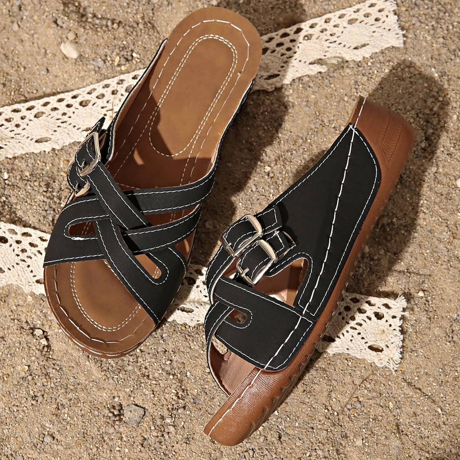 SuanlaTDS Orthopedic Sandals for Women 2025, Women's Platform Wedge Summer Crisscross Buckle Open Toe Slip-on Slides Beach Shoes Comfortable Dressy Low Heel Sandal with Arch Support