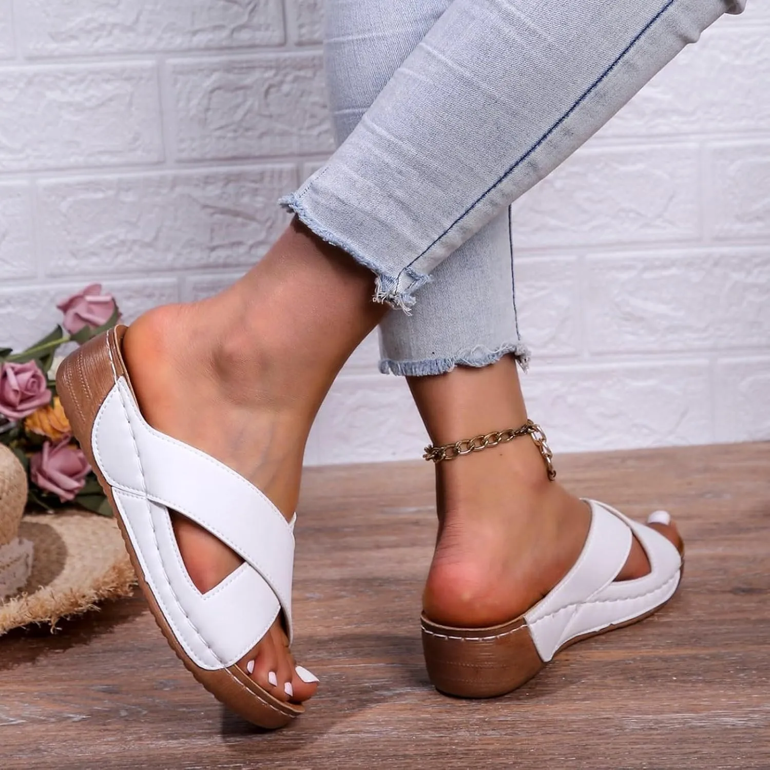 SuanlaTDS Orthopedic Sandals for Women Wedge Summer Comfortable Arch Support Platform Slip On Slides Dressy Crisscross Open Toe Flat Elegant Low Wedges Heels Slide Sandal Outdoor Party Shoes