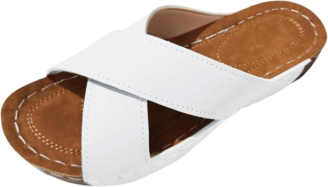 SuanlaTDS Orthopedic Sandals for Women Wedge Summer Comfortable Arch Support Platform Slip On Slides Dressy Crisscross Open Toe Flat Elegant Low Wedges Heels Slide Sandal Outdoor Party Shoes