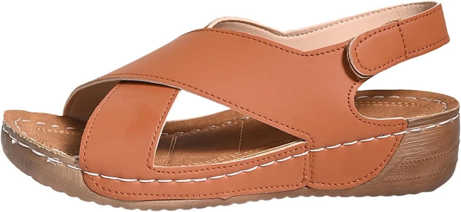 SuanlaTDS Orthopedic Wedge Sandals for Women 2025 Comfortable Arch Support Adjustable Ankle Strap Platform Slingback Summer Beach Shoes Dressy Crisscross Open Toe Low Heels Walking Sandal
