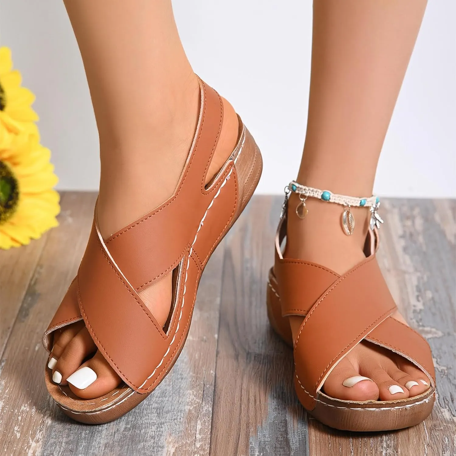 SuanlaTDS Orthopedic Wedge Sandals for Women 2025 Comfortable Arch Support Adjustable Ankle Strap Platform Slingback Summer Beach Shoes Dressy Crisscross Open Toe Low Heels Walking Sandal