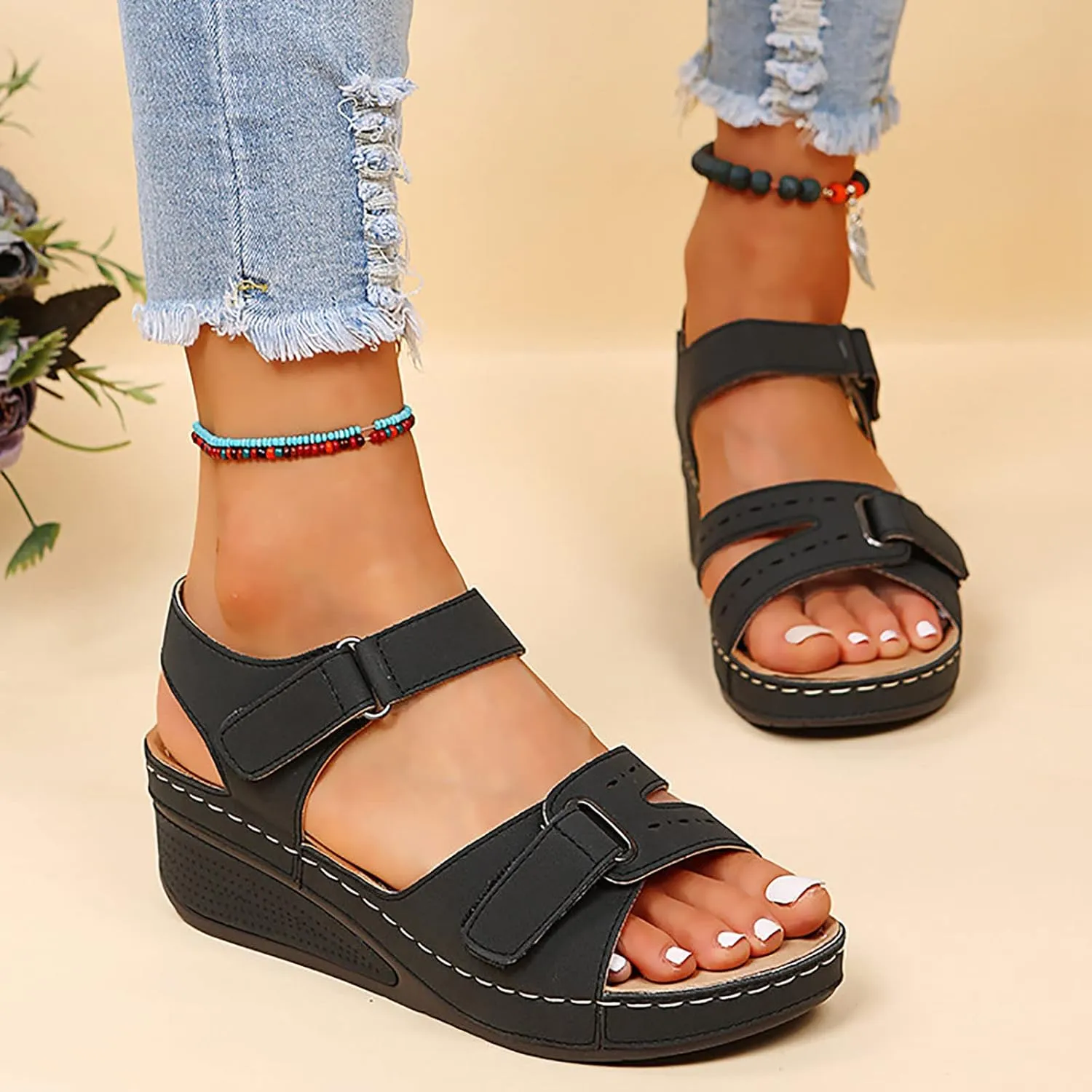 SuanlaTDS Orthopedic Wedge Sandals for Women 2025 Open Toe Adjustable Ankle Strap Platform Casual Daily Wear Work Shoes Low Heel Wedges Dressy Summer Beach Dress Comfortable Outdoor Sandal