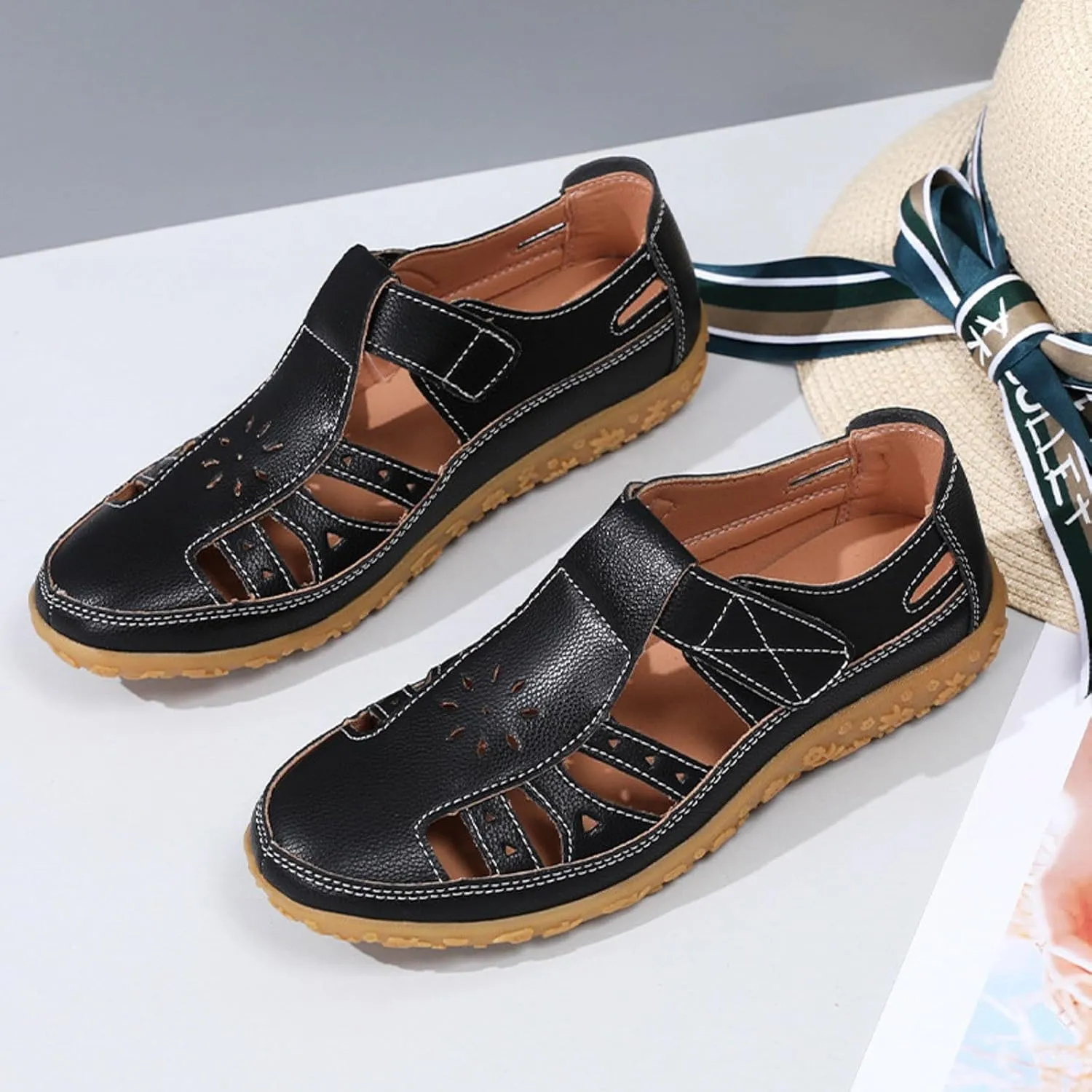 SuanlaTDS Orthopedic Wedge Sandals for Women Dressy Summer 2025 Comfortable Closed Toe Platform Walking Shoes Arch Support Hollow Out Loafers Low Heels Wedges Outdoor Beach Sandal