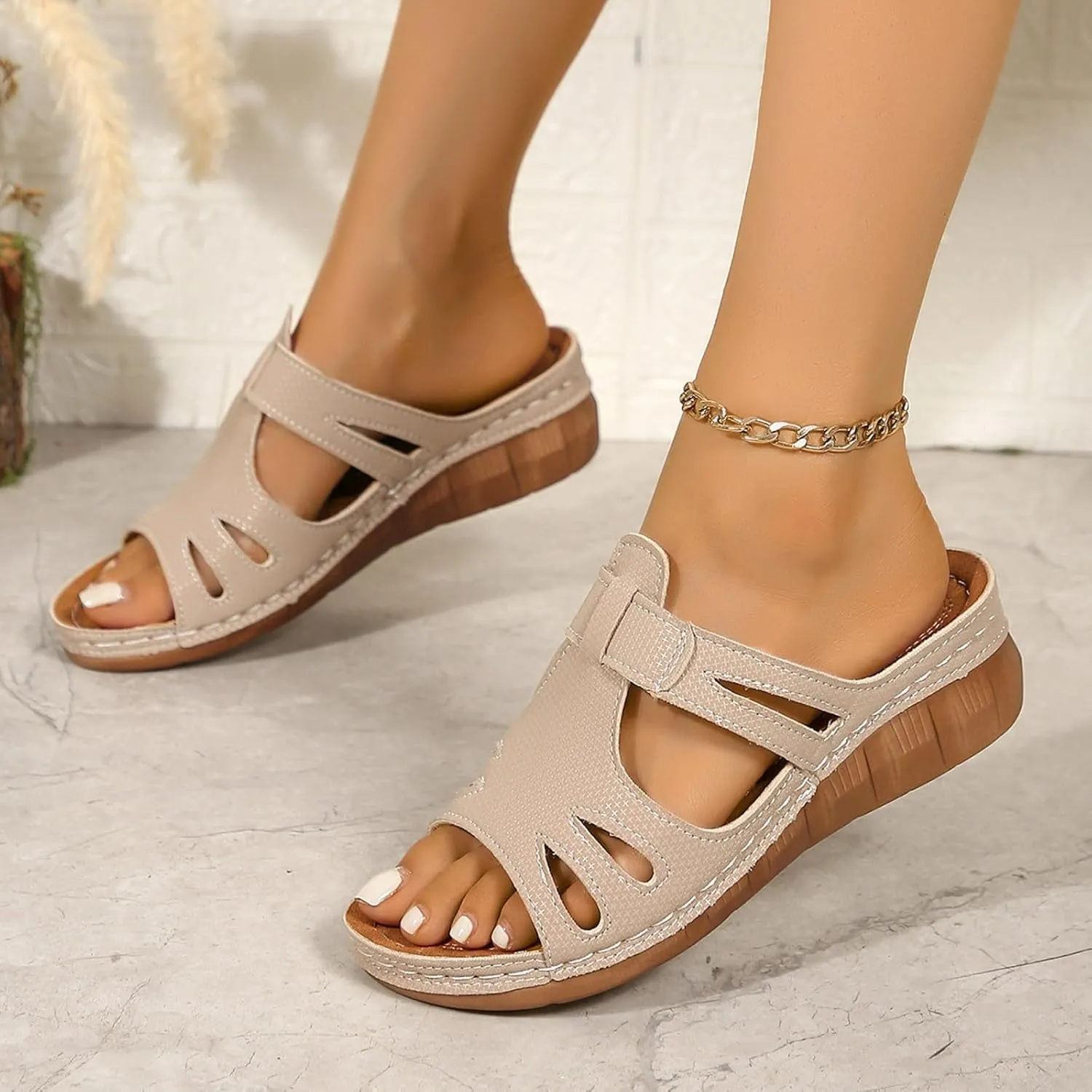SuanlaTDS Platform Sandals for Women Wedge Comfortable Orthopedic Shoes Dressy Summer Casual Outdoor Walking Flat Slip On Open Toe Wedges Low Heels Slide Sandals with Arch Support