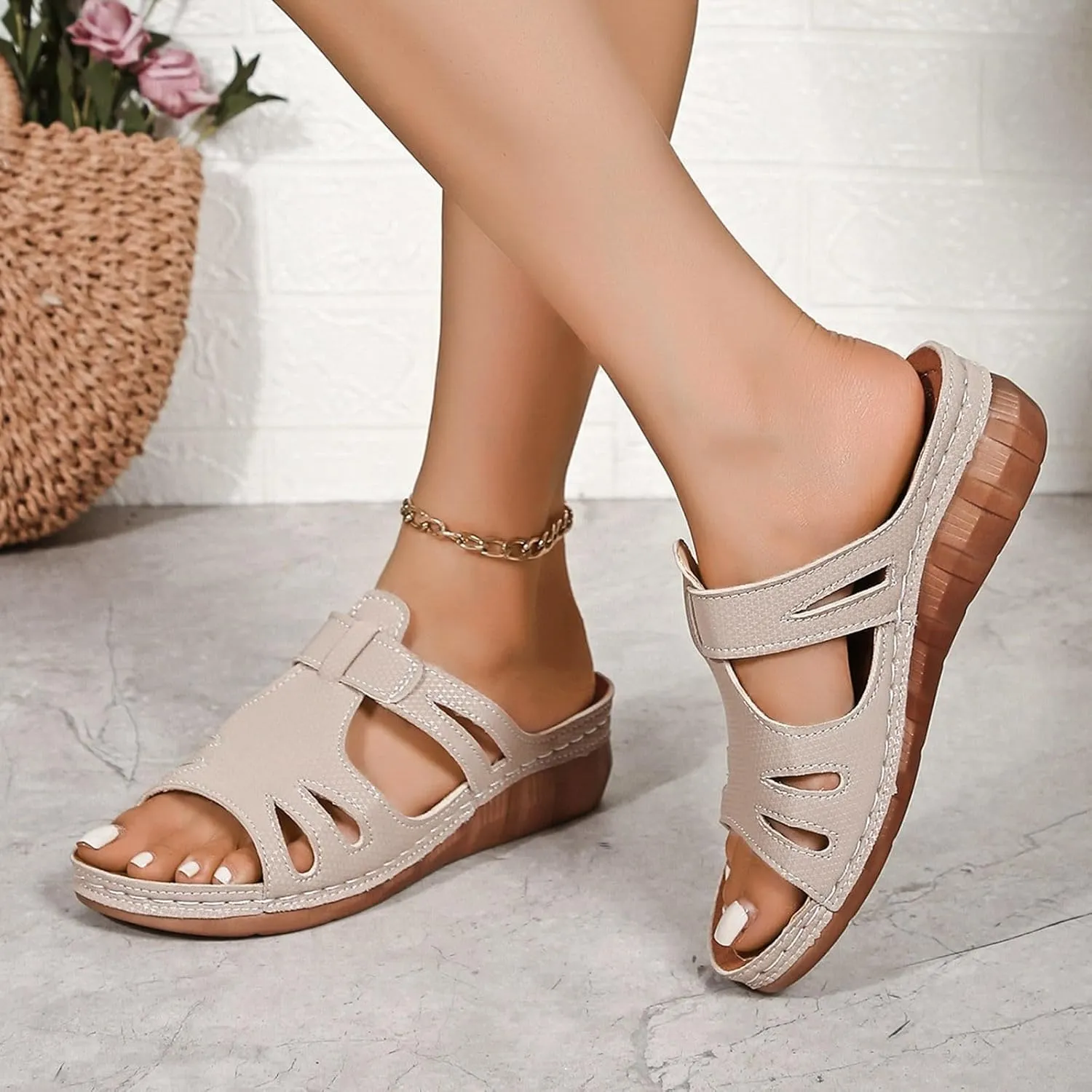 SuanlaTDS Platform Sandals for Women Wedge Comfortable Orthopedic Shoes Dressy Summer Casual Outdoor Walking Flat Slip On Open Toe Wedges Low Heels Slide Sandals with Arch Support