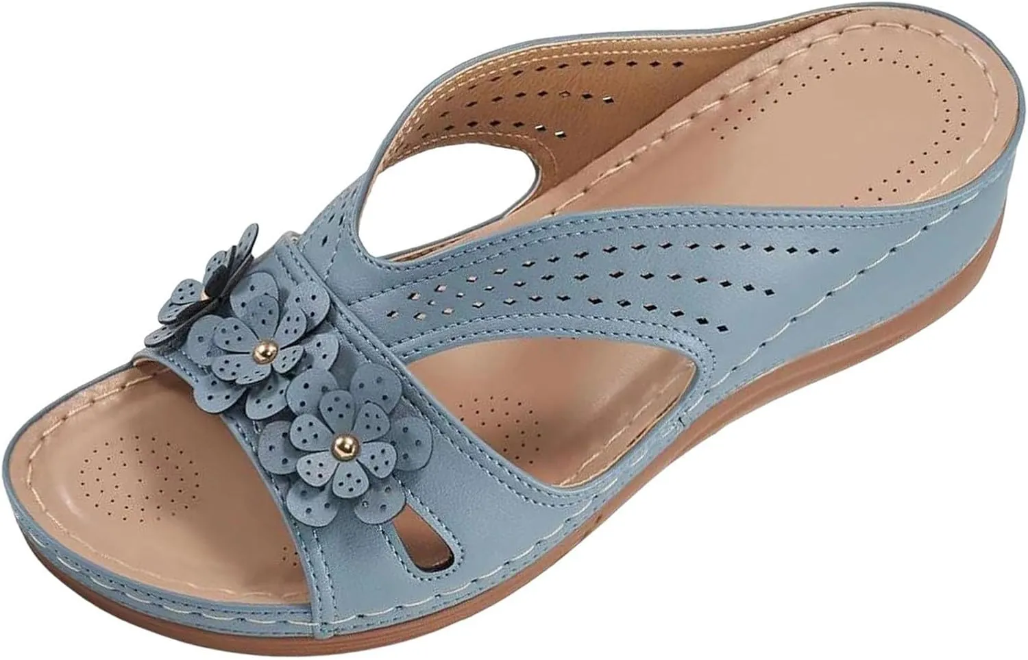 SuanlaTDS Sandals for Women Dressy Summer, Womens Platform Arch Support Wedge Slide Sandal Bohemian Comfortable Beach Travel Shoes Open Toe Hollow Out Low Heel Orthopedic Sandals