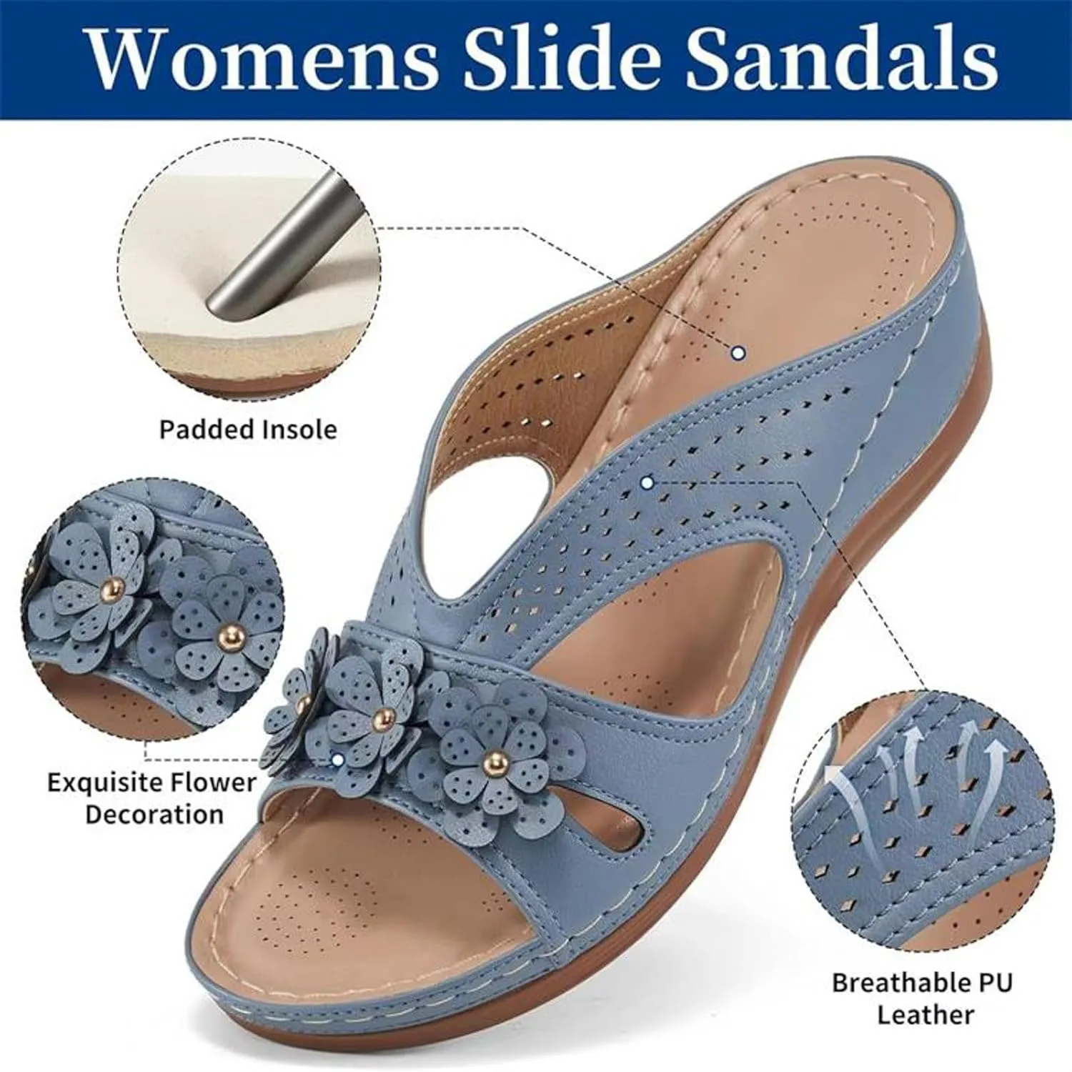 SuanlaTDS Sandals for Women Dressy Summer, Womens Platform Arch Support Wedge Slide Sandal Bohemian Comfortable Beach Travel Shoes Open Toe Hollow Out Low Heel Orthopedic Sandals