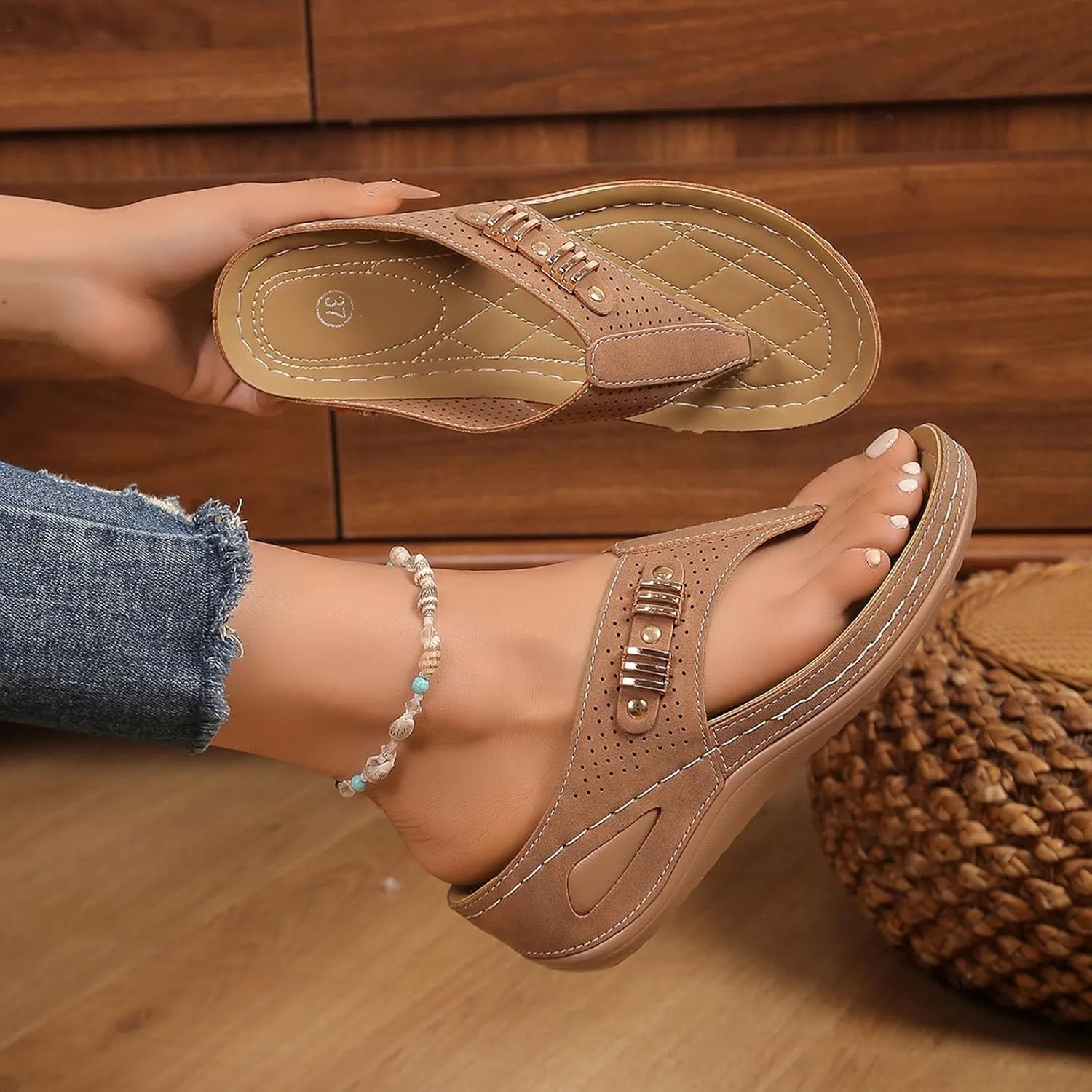 SuanlaTDS Summer Sandals for Women 2025 Orthopedic Flip Flops Wedge Dressy Platform Arch Support Comfortable Low Heels Bohemian Beach Shoes Elegant Outdoor Walking Slip On Slides Sandal