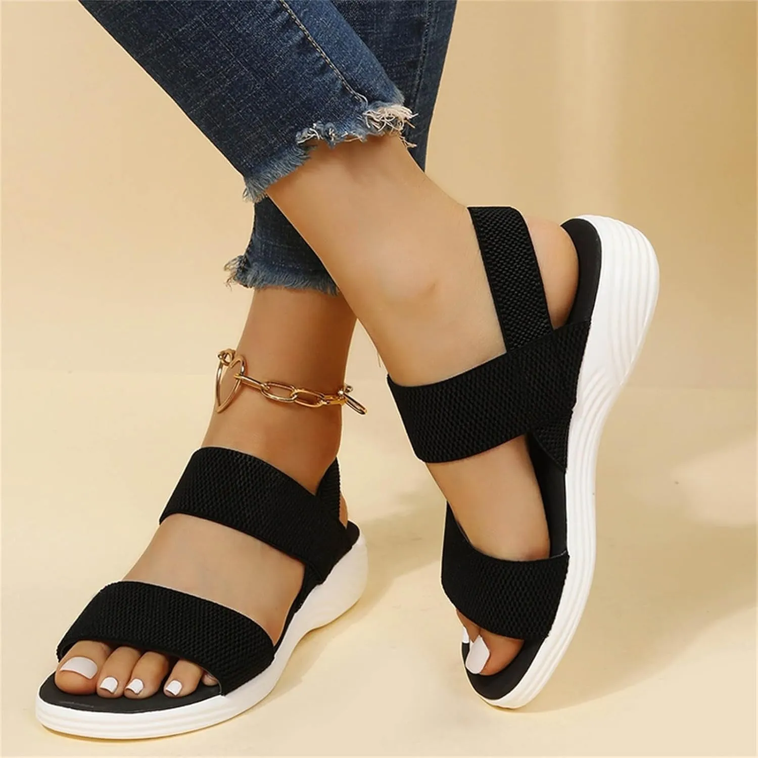 SuanlaTDS Wedge Sandals for Women Dressy Summer Platform Comfortable Low Wedges Heels Arch Support Orthopedic Beach Sandal Elastic Ankle Strap Wide Width Open Toe Thick Sole Walking Shoes