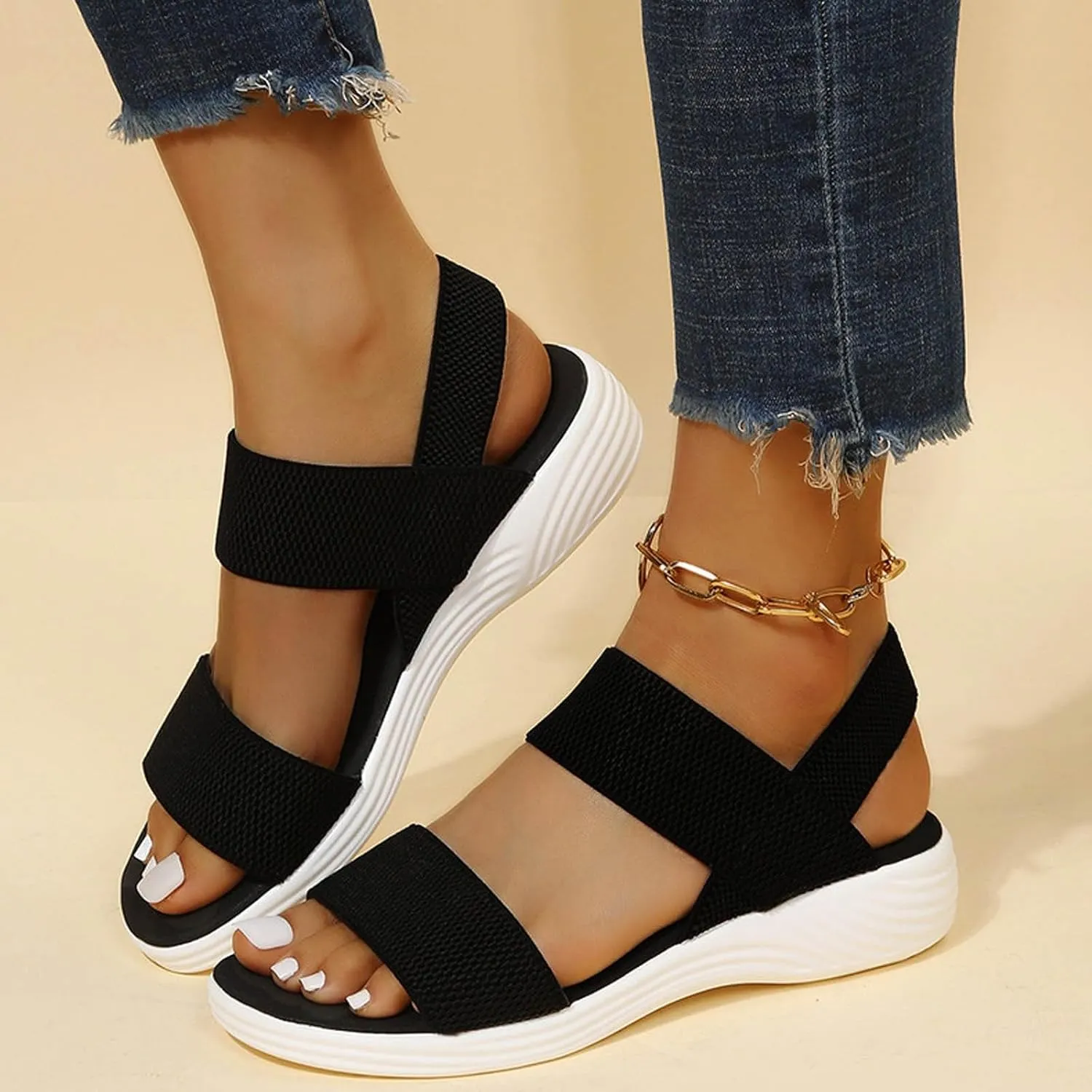 SuanlaTDS Wedge Sandals for Women Dressy Summer Platform Comfortable Low Wedges Heels Arch Support Orthopedic Beach Sandal Elastic Ankle Strap Wide Width Open Toe Thick Sole Walking Shoes