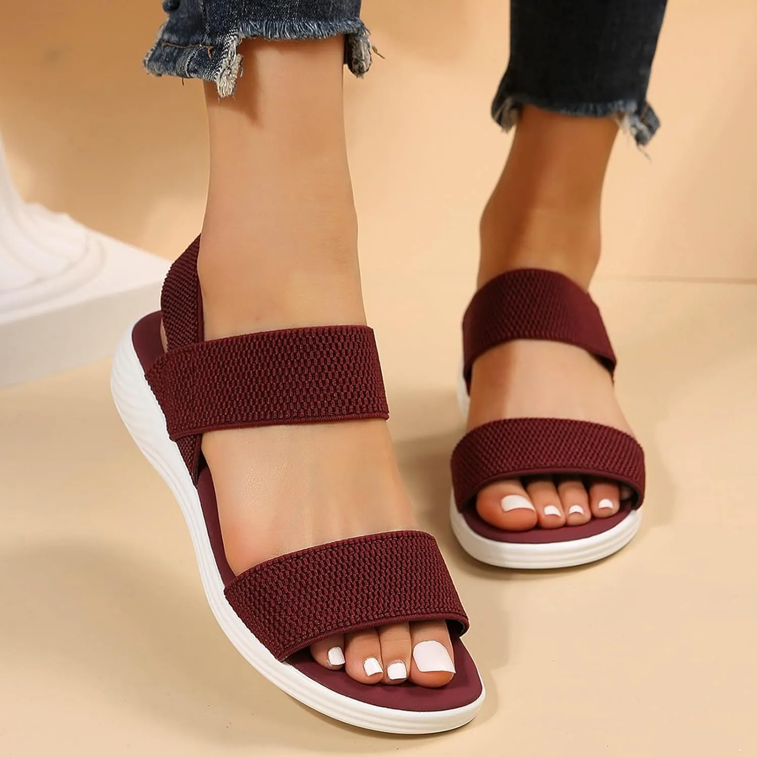 SuanlaTDS Wedge Sandals for Women Dressy Summer Platform Comfortable Low Wedges Heels Arch Support Orthopedic Beach Sandal Elastic Ankle Strap Wide Width Open Toe Thick Sole Walking Shoes