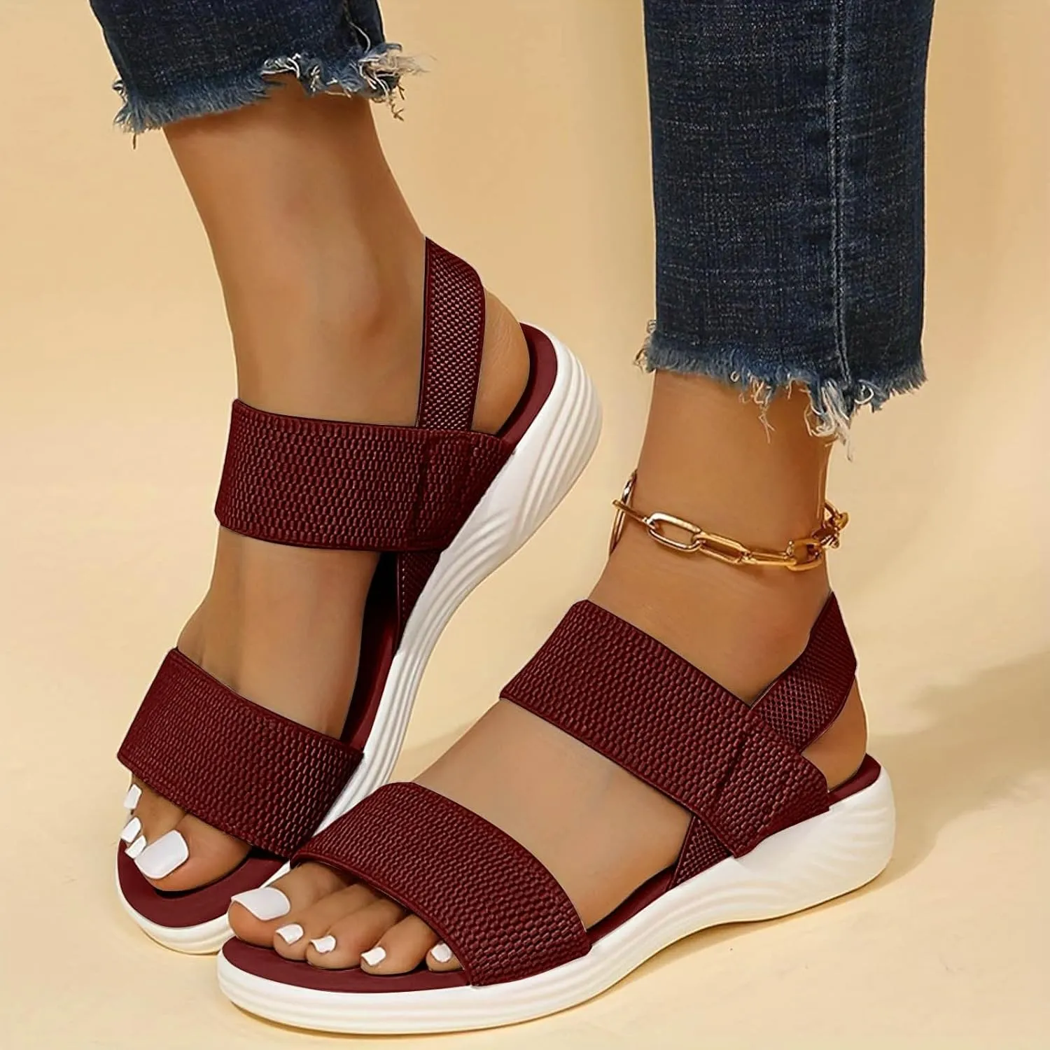 SuanlaTDS Wedge Sandals for Women Dressy Summer Platform Comfortable Low Wedges Heels Arch Support Orthopedic Beach Sandal Elastic Ankle Strap Wide Width Open Toe Thick Sole Walking Shoes