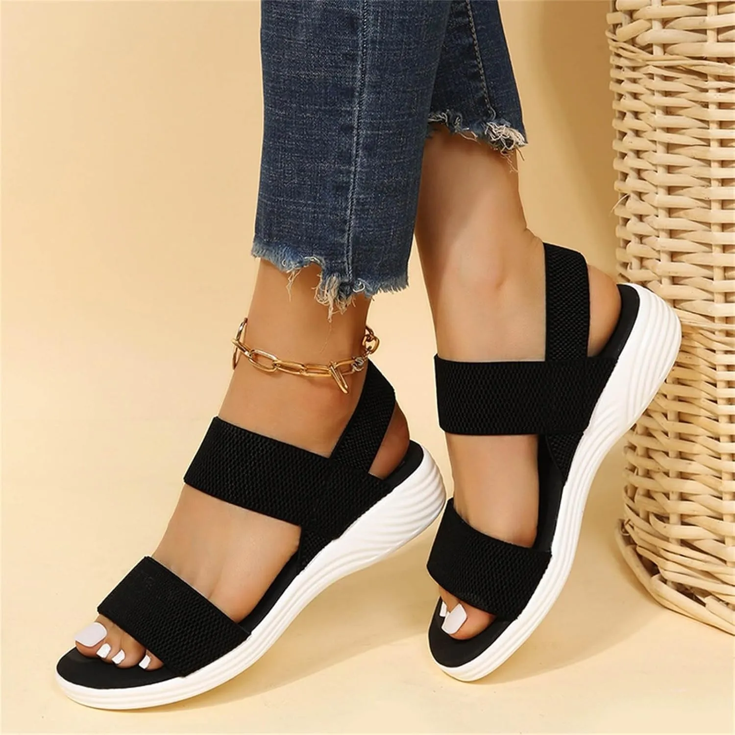 SuanlaTDS Wedge Sandals for Women Dressy Summer Platform Comfortable Low Wedges Heels Arch Support Orthopedic Beach Sandal Elastic Ankle Strap Wide Width Open Toe Thick Sole Walking Shoes