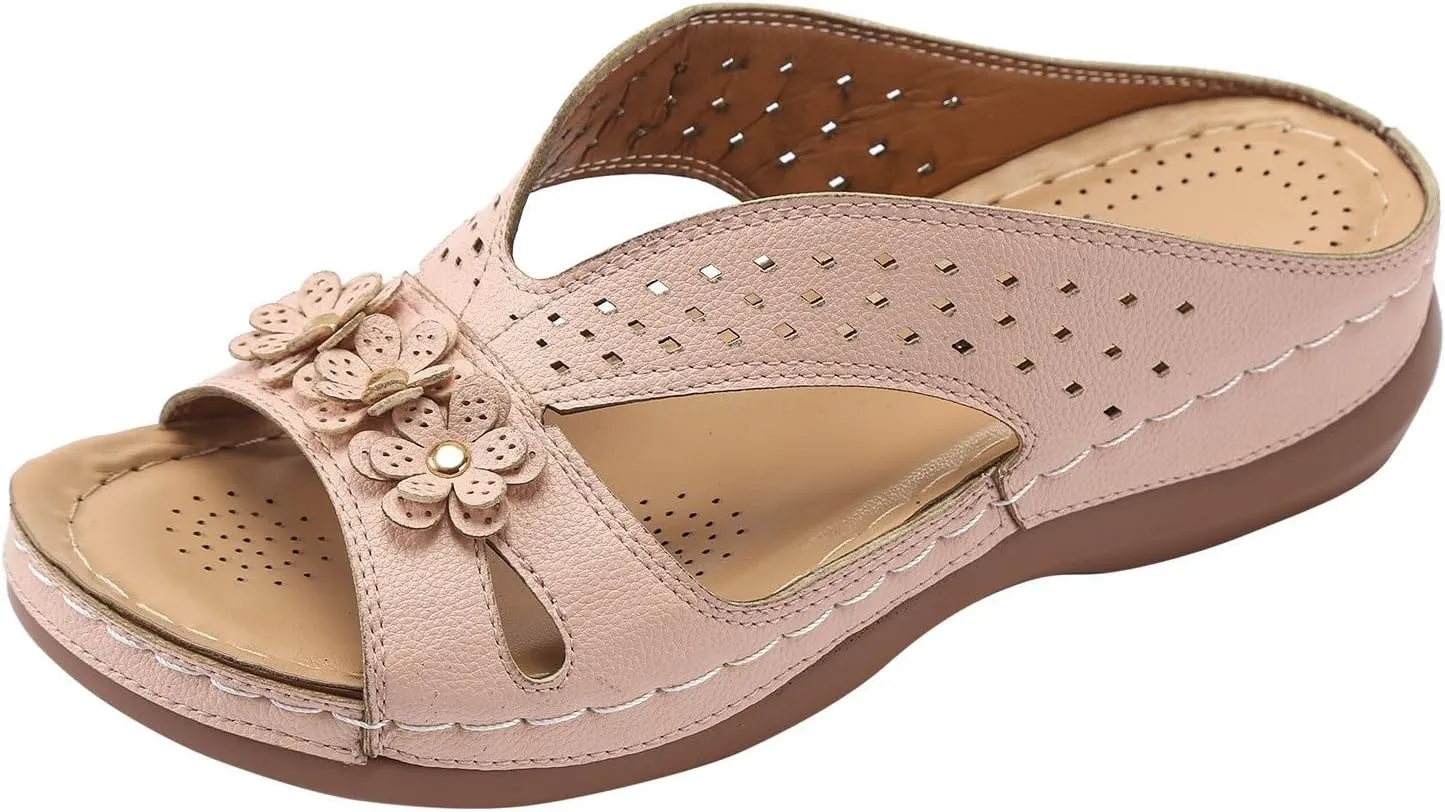 SuanlaTDS Wedge Sandals for Women Orthopedic Arch Support Platform Summer Dressy Flowers Open Toe Slip On Slides Comfortable Thick Sole Low Heel Beach Shoes Boho Elegant Wedges Slide Sandal