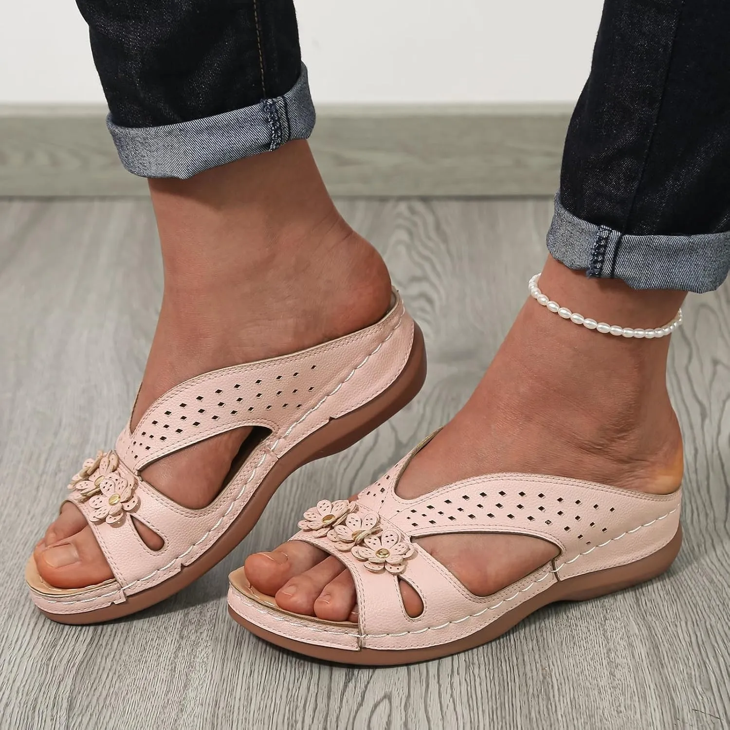 SuanlaTDS Wedge Sandals for Women Orthopedic Arch Support Platform Summer Dressy Flowers Open Toe Slip On Slides Comfortable Thick Sole Low Heel Beach Shoes Boho Elegant Wedges Slide Sandal