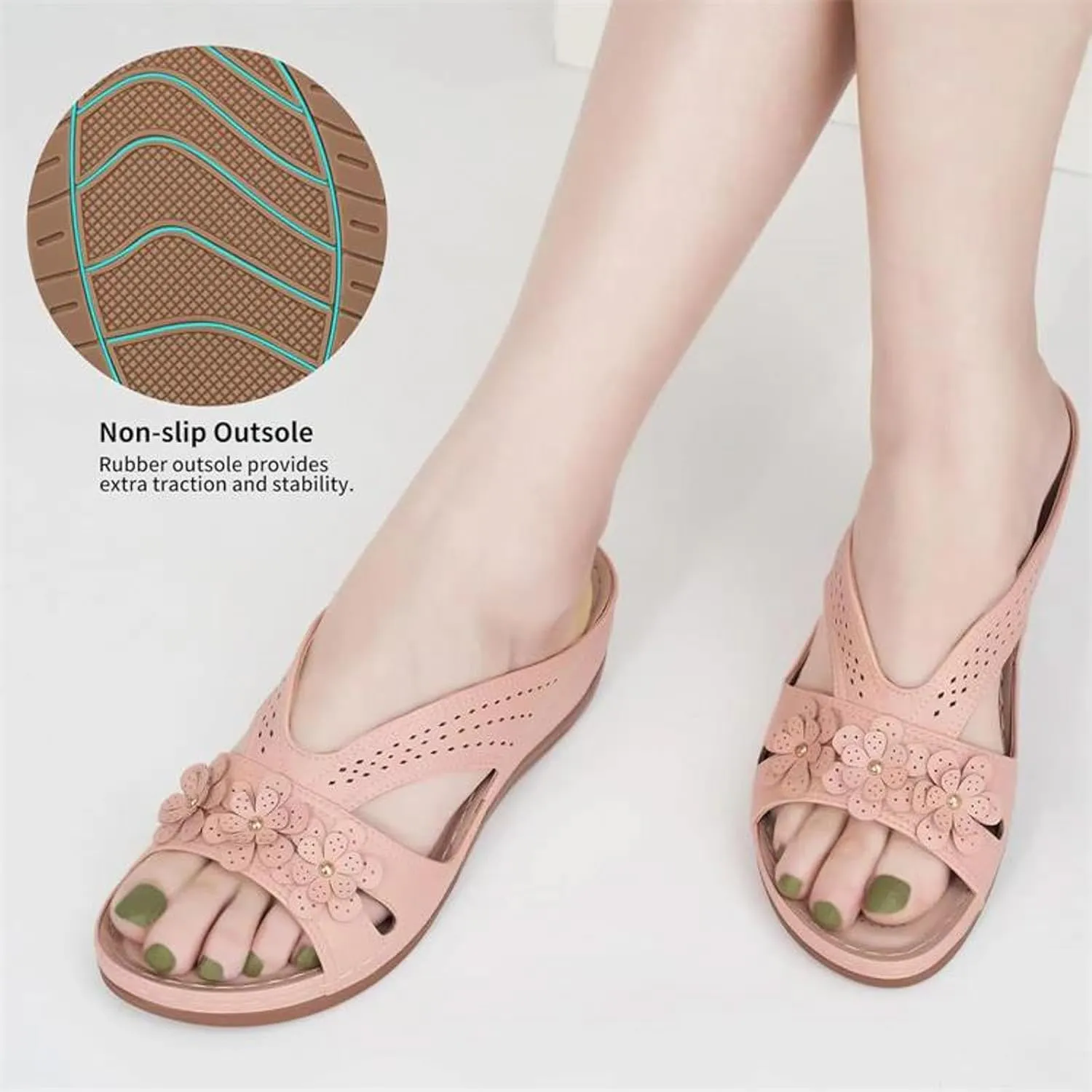 SuanlaTDS Wedge Sandals for Women Orthopedic Arch Support Platform Summer Dressy Flowers Open Toe Slip On Slides Comfortable Thick Sole Low Heel Beach Shoes Boho Elegant Wedges Slide Sandal