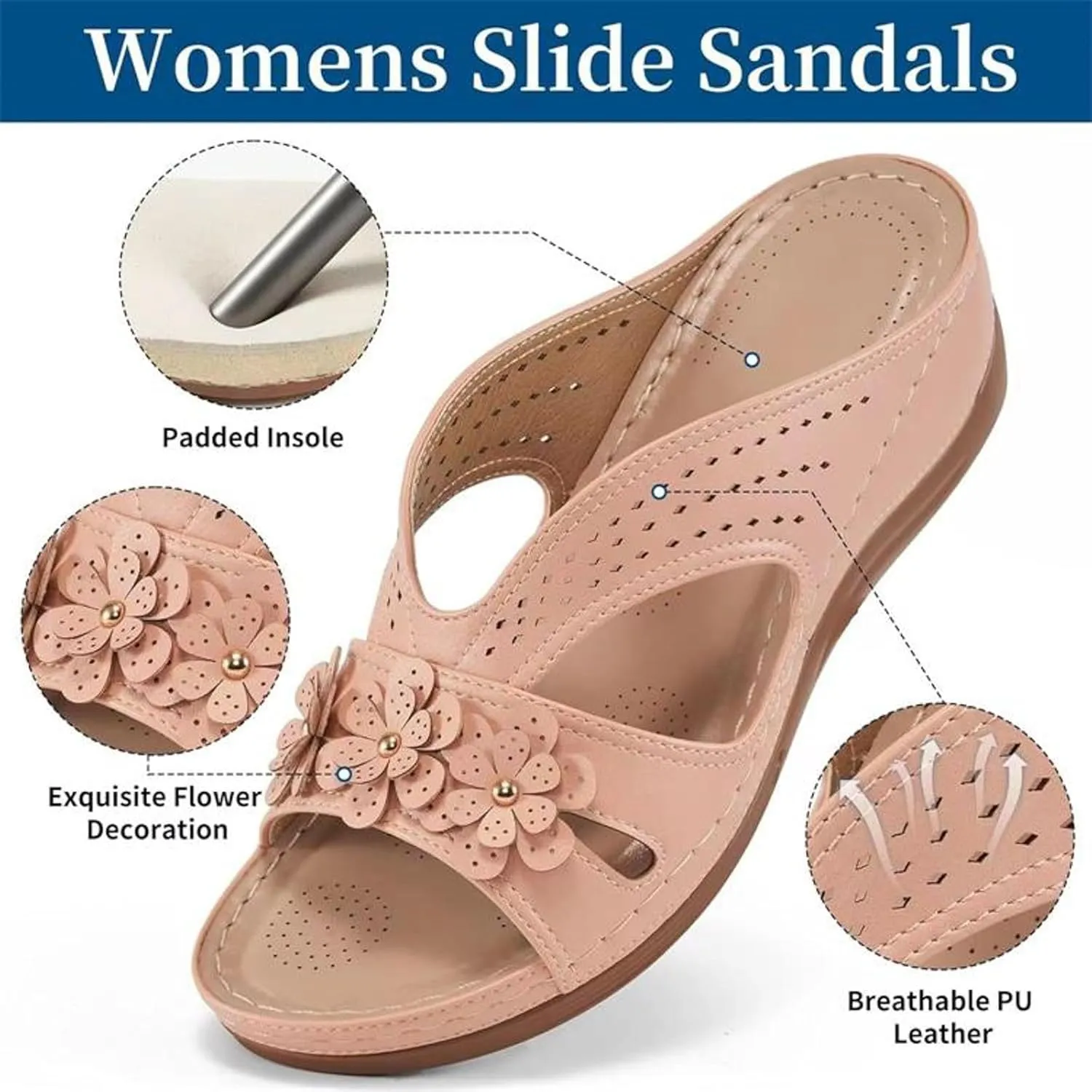 SuanlaTDS Wedge Sandals for Women Orthopedic Arch Support Platform Summer Dressy Flowers Open Toe Slip On Slides Comfortable Thick Sole Low Heel Beach Shoes Boho Elegant Wedges Slide Sandal