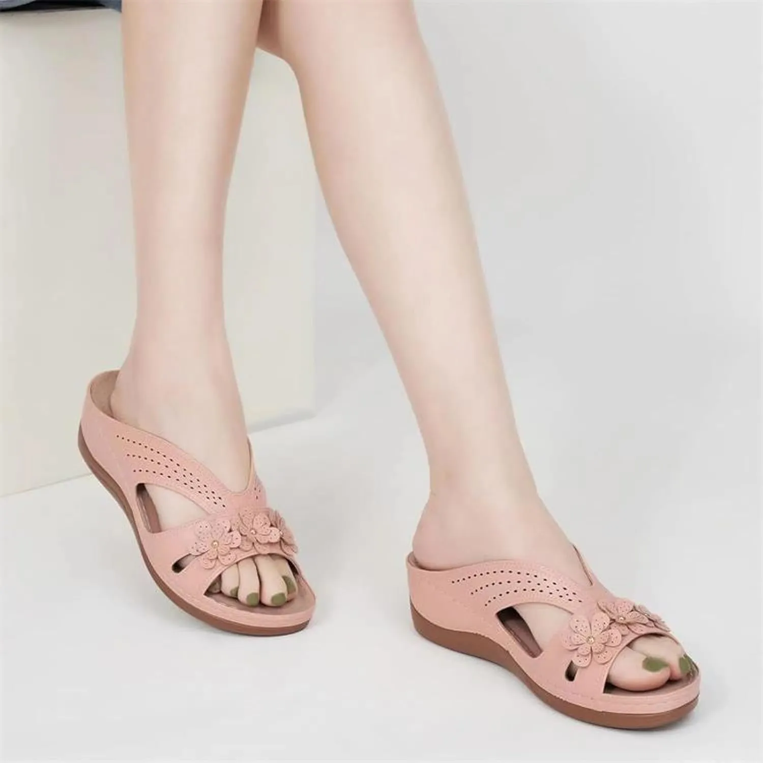 SuanlaTDS Wedge Sandals for Women Orthopedic Arch Support Platform Summer Dressy Flowers Open Toe Slip On Slides Comfortable Thick Sole Low Heel Beach Shoes Boho Elegant Wedges Slide Sandal
