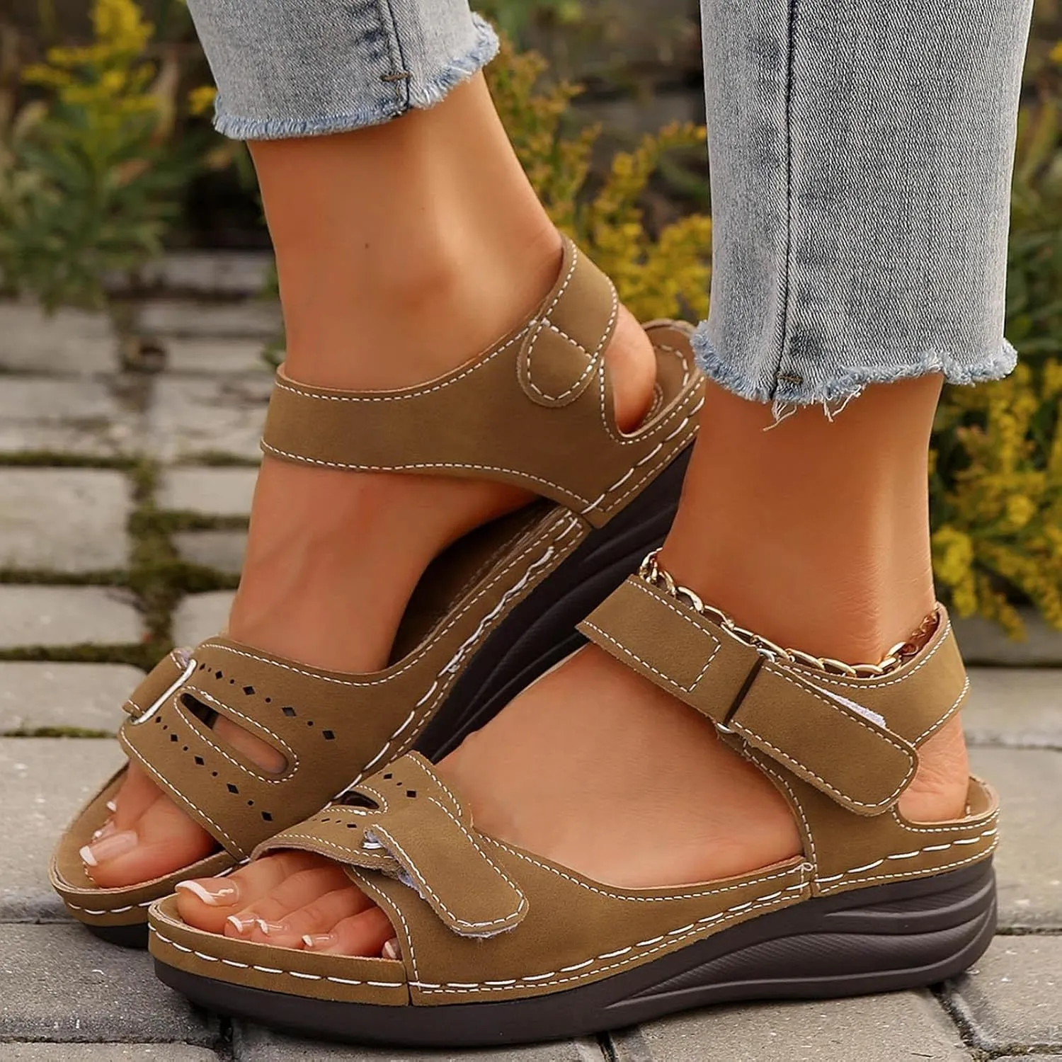 SuanlaTDS Wedge Sandals for Women Orthopedic Comfortable Dressy Arch Support Adjustable Hook Loop Ankle Strap Open Toe Platform Low Wedges Heels Sandal Summer Walking Outdoor Beach Shoes