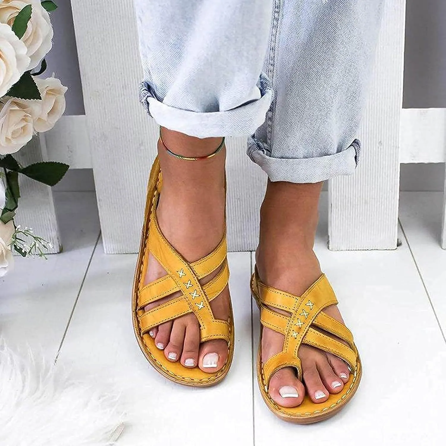 SuanlaTDS Wedge Sandals for Women Orthopedic Flip Flops 2025 Comfortable Arch Support Crisscross Open Toe Thong Slip On Slides Dressy Summer Outdoor Beach Shoes Low Heels Slide Sandal