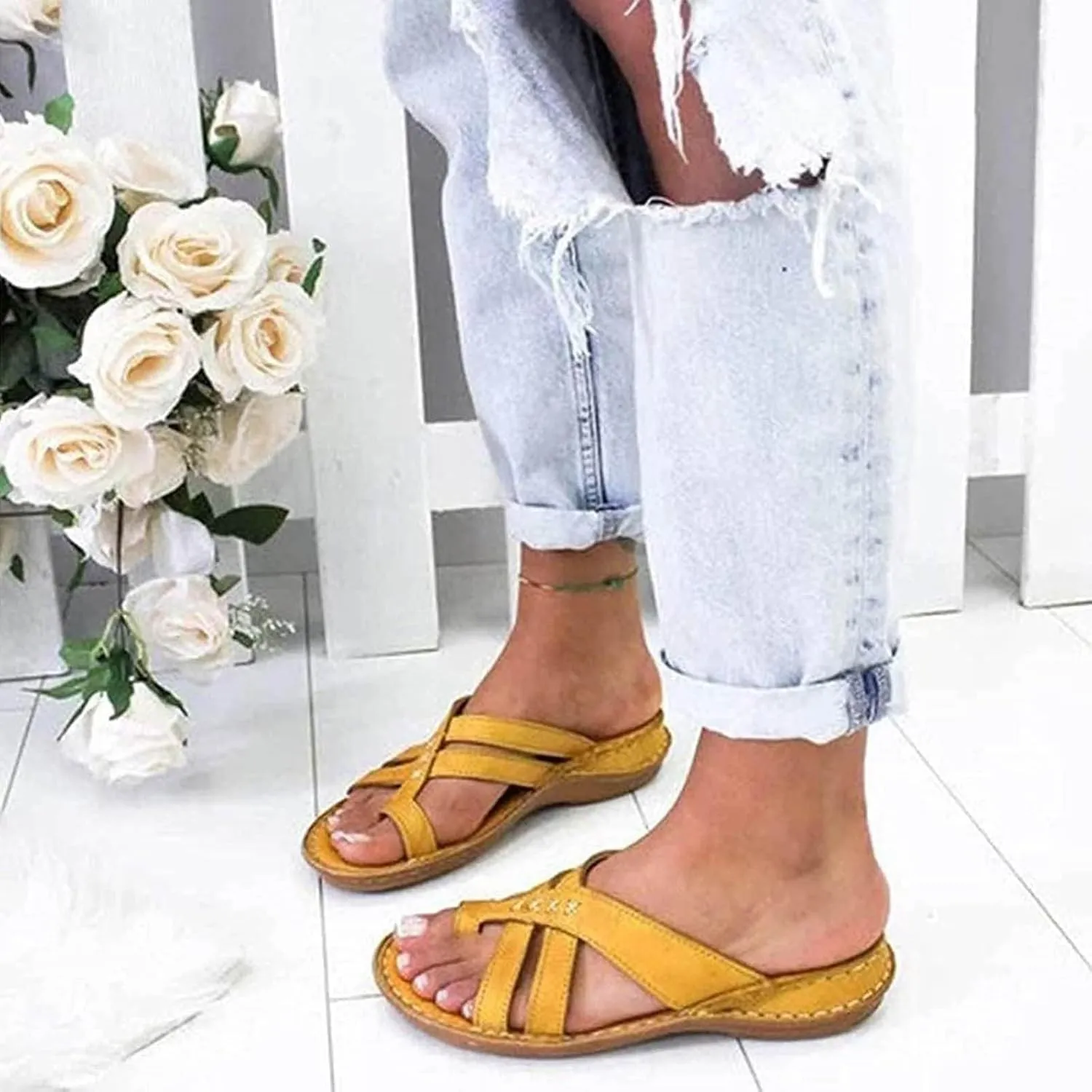 SuanlaTDS Wedge Sandals for Women Orthopedic Flip Flops 2025 Comfortable Arch Support Crisscross Open Toe Thong Slip On Slides Dressy Summer Outdoor Beach Shoes Low Heels Slide Sandal