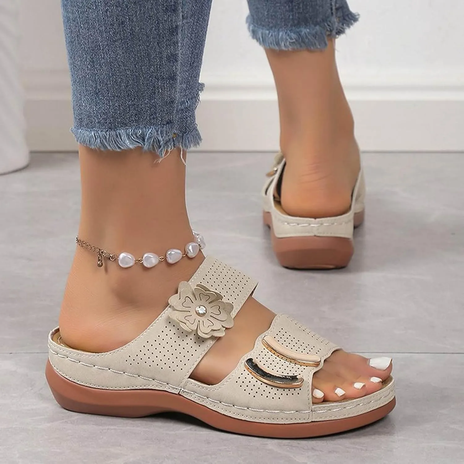 SuanlaTDS Wedge Sandals for Women Orthopedic Summer Dressy 2025 Comfortable Low Heels Arch Support Open Toe Slip On Walking Shoes Casual Outdoor Beach Platform Wedges Slide Sandal