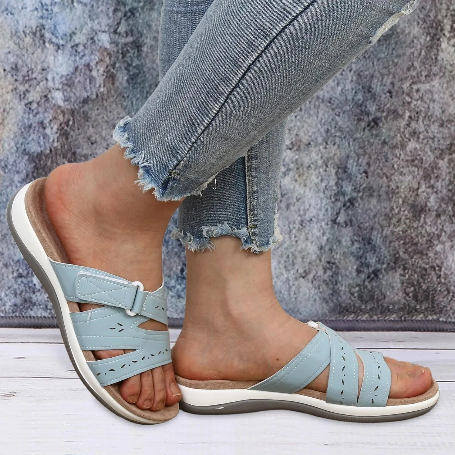 SuanlaTDS Women's Comfortable Orthopedic Sandals with Arch Support Adjustable Open Toe Orthotic Walking Shoes Flat Outdoor Casual Summer Beach Boho Platform Low Heels Slide Sandals