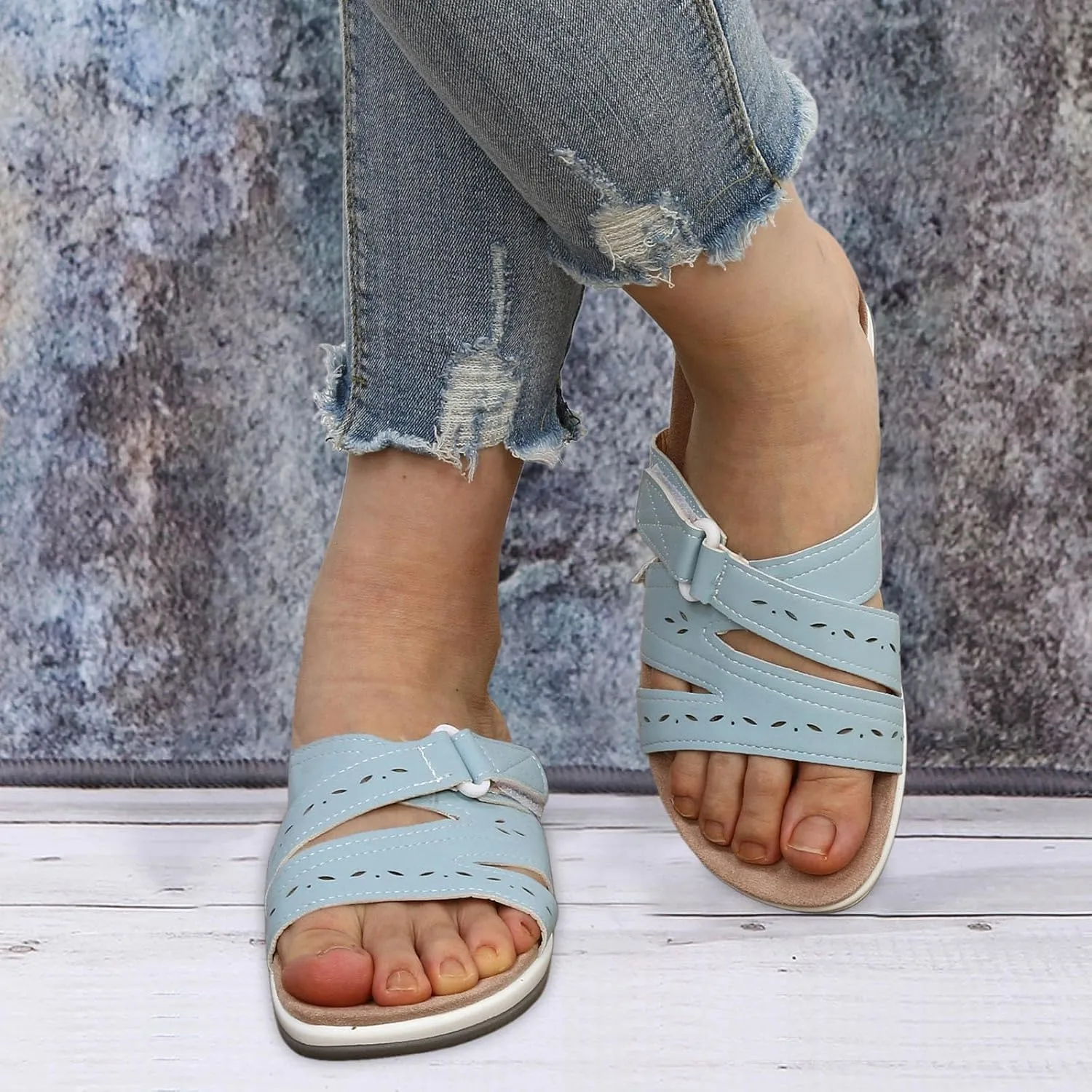 SuanlaTDS Women's Comfortable Orthopedic Sandals with Arch Support Adjustable Open Toe Orthotic Walking Shoes Flat Outdoor Casual Summer Beach Boho Platform Low Heels Slide Sandals
