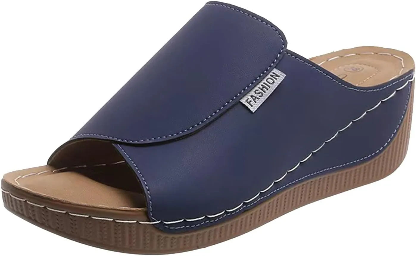 SuanlaTDS Women's Orthopedic Wedge Slide Sandals Platform Arch Support Comfortable Slip On Open Toe High Heels Slide Sandal Casual Summer Shoes Outdoor Elegant Dressy Walking Slippers