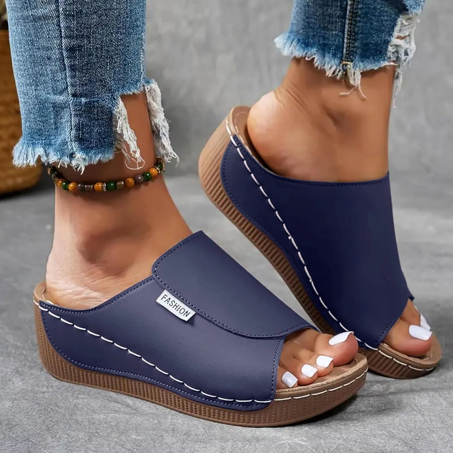 SuanlaTDS Women's Orthopedic Wedge Slide Sandals Platform Arch Support Comfortable Slip On Open Toe High Heels Slide Sandal Casual Summer Shoes Outdoor Elegant Dressy Walking Slippers