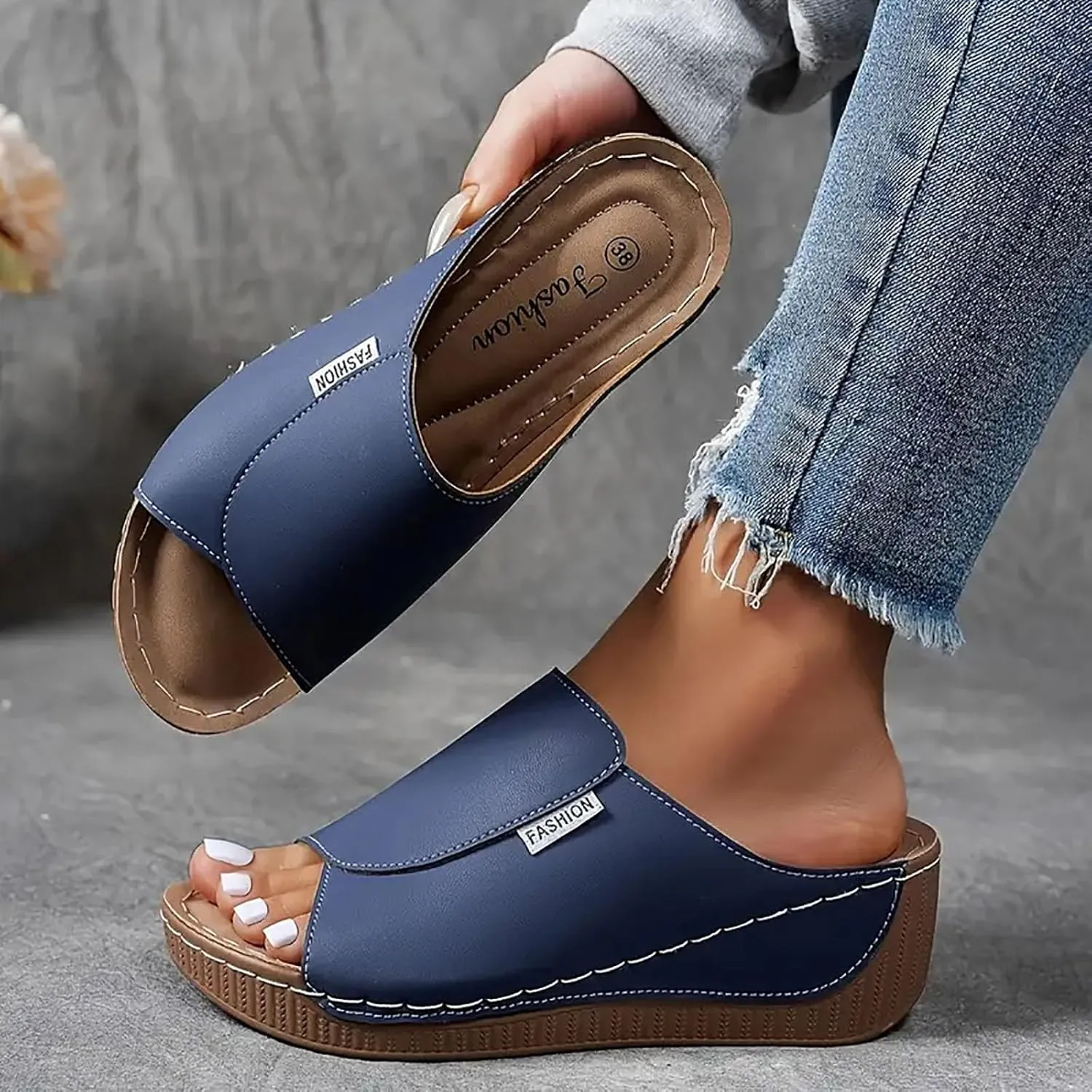 SuanlaTDS Women's Orthopedic Wedge Slide Sandals Platform Arch Support Comfortable Slip On Open Toe High Heels Slide Sandal Casual Summer Shoes Outdoor Elegant Dressy Walking Slippers