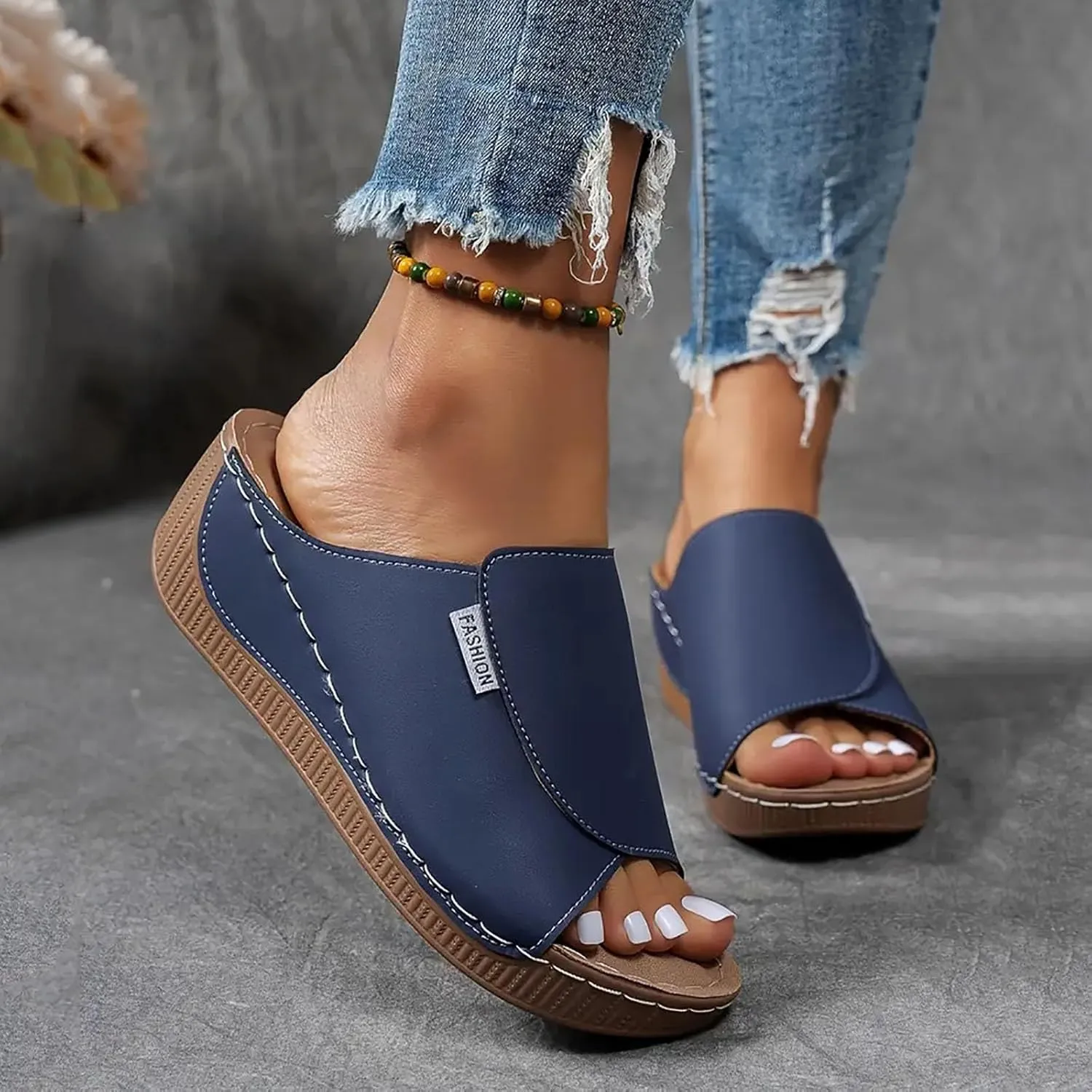 SuanlaTDS Women's Orthopedic Wedge Slide Sandals Platform Arch Support Comfortable Slip On Open Toe High Heels Slide Sandal Casual Summer Shoes Outdoor Elegant Dressy Walking Slippers