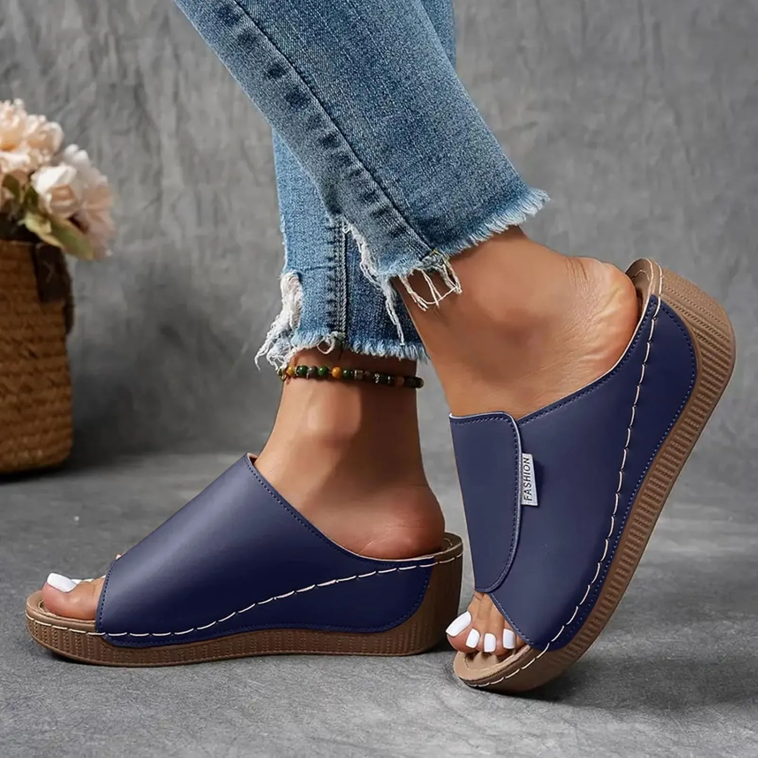 SuanlaTDS Women's Orthopedic Wedge Slide Sandals Platform Arch Support Comfortable Slip On Open Toe High Heels Slide Sandal Casual Summer Shoes Outdoor Elegant Dressy Walking Slippers