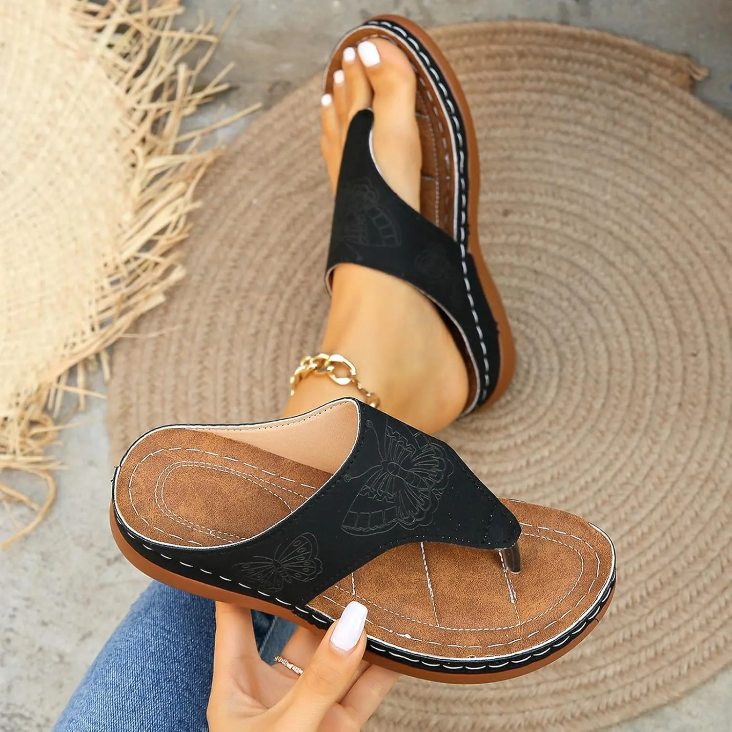 SuanlaTDS Women's Slide Sandals Wedge Flip Flops 2025 Comfortable Dressy Summer Orthopedic Arch Support Platform Slip On Walking Beach Shoes Thong Open Toe Low Heels Wedges Slide Sandal