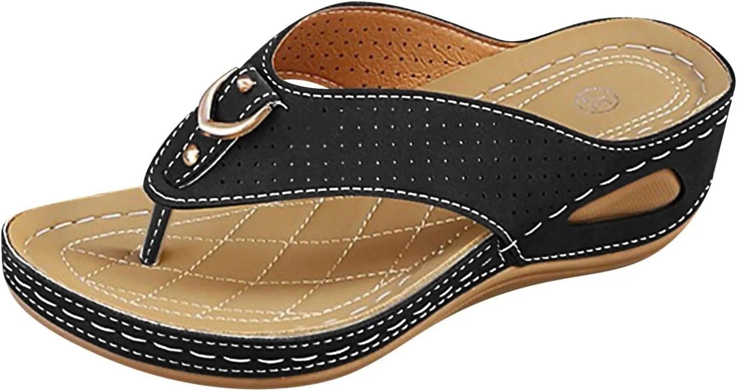 SuanlaTDS Women's Summer Wedge Sandals Orthopedic Flip Flops 2025 Platform Slides Comfortable Walking Shoes with Arch Support Bohemian Beach Wedding Dressy Outdoor Low Wedges Heel Slide Sandal