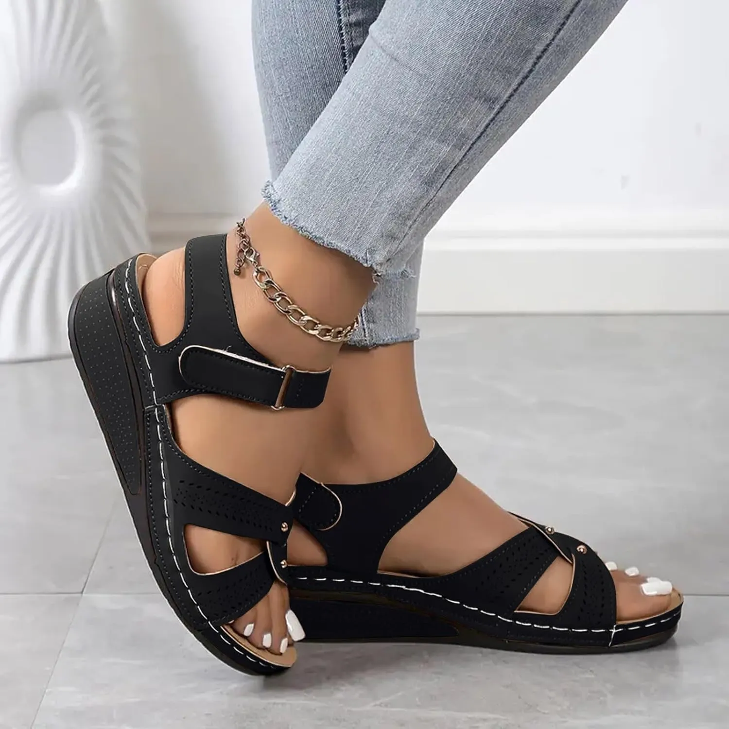 SuanlaTDS Women's Wedge Orthopedic Sandals with Arch Support 2025 Dressy Summer Platform Hook Loop Ankle Strap Crisscross Open Toe Comfortable Outdoor Walking Shoes Beach Sandal