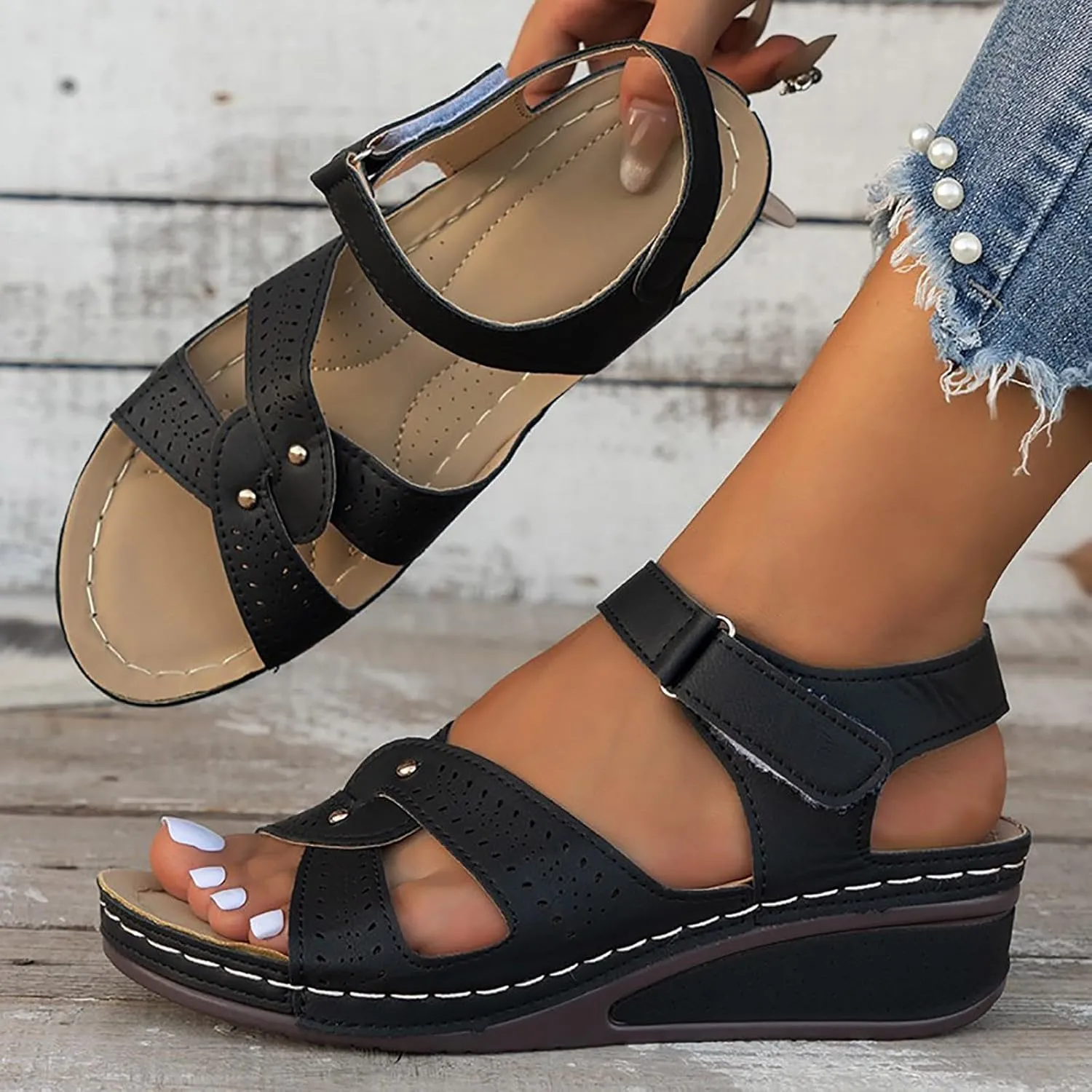 SuanlaTDS Women's Wedge Orthopedic Sandals with Arch Support 2025 Dressy Summer Platform Hook Loop Ankle Strap Crisscross Open Toe Comfortable Outdoor Walking Shoes Beach Sandal