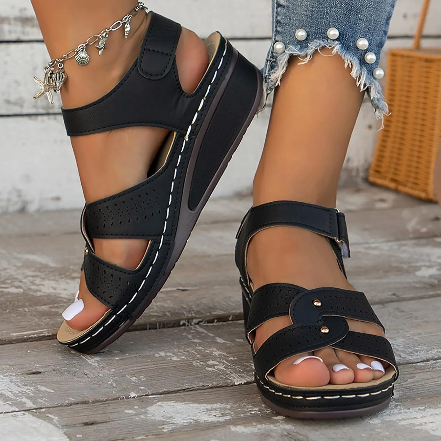 SuanlaTDS Women's Wedge Orthopedic Sandals with Arch Support 2025 Dressy Summer Platform Hook Loop Ankle Strap Crisscross Open Toe Comfortable Outdoor Walking Shoes Beach Sandal