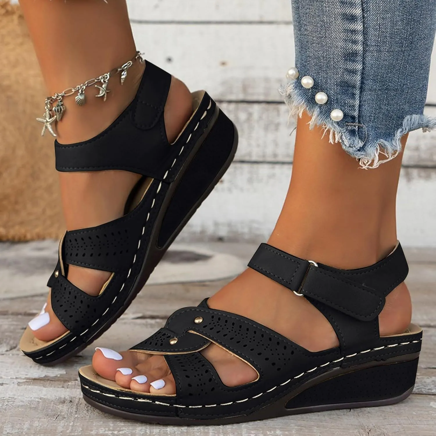 SuanlaTDS Women's Wedge Orthopedic Sandals with Arch Support 2025 Dressy Summer Platform Hook Loop Ankle Strap Crisscross Open Toe Comfortable Outdoor Walking Shoes Beach Sandal