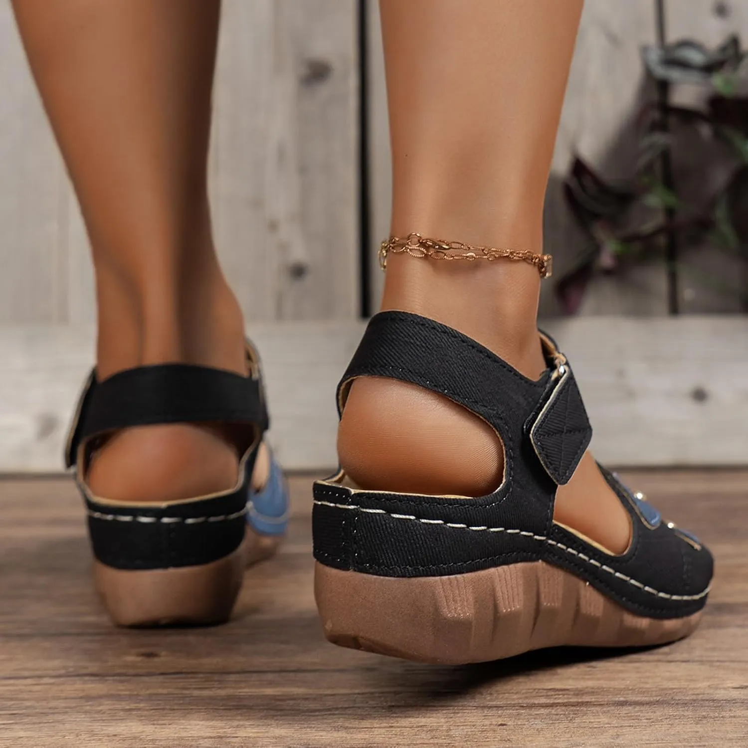 SuanlaTDS Women's Wedge Sandals Comfortable Orthopedic Platform Arch Support Hook & Loop Ankle Strap Open Toe Low Hees Wedges Casual Dressy Summer Beach Outdoor Walking Shoes