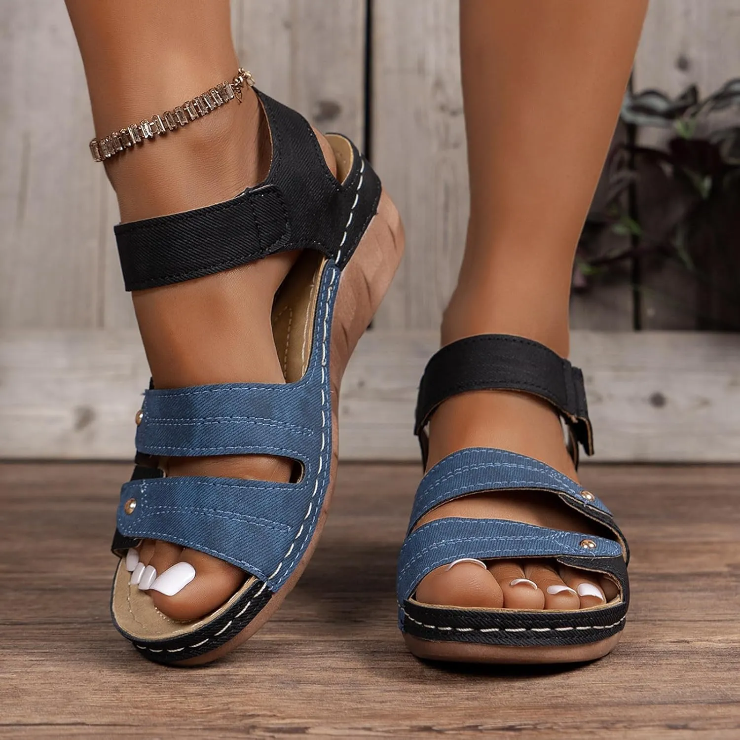 SuanlaTDS Women's Wedge Sandals Comfortable Orthopedic Platform Arch Support Hook & Loop Ankle Strap Open Toe Low Hees Wedges Casual Dressy Summer Beach Outdoor Walking Shoes