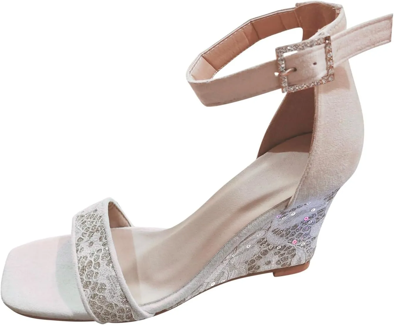 SuanlaTDS Womens Wedge Sandals Dressy Summer Square Toe Rhinestone Buckle Ankle Strap High Heels Beach Outdoor Activities Dress Shoes Open-toe Wedges Heeled Sandal for Wedding Party