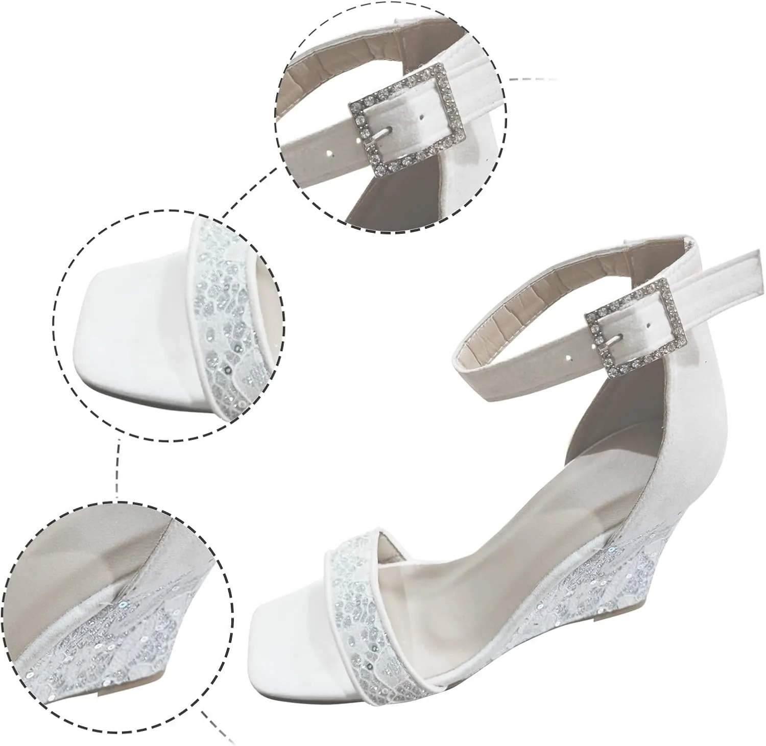 SuanlaTDS Womens Wedge Sandals Dressy Summer Square Toe Rhinestone Buckle Ankle Strap High Heels Beach Outdoor Activities Dress Shoes Open-toe Wedges Heeled Sandal for Wedding Party