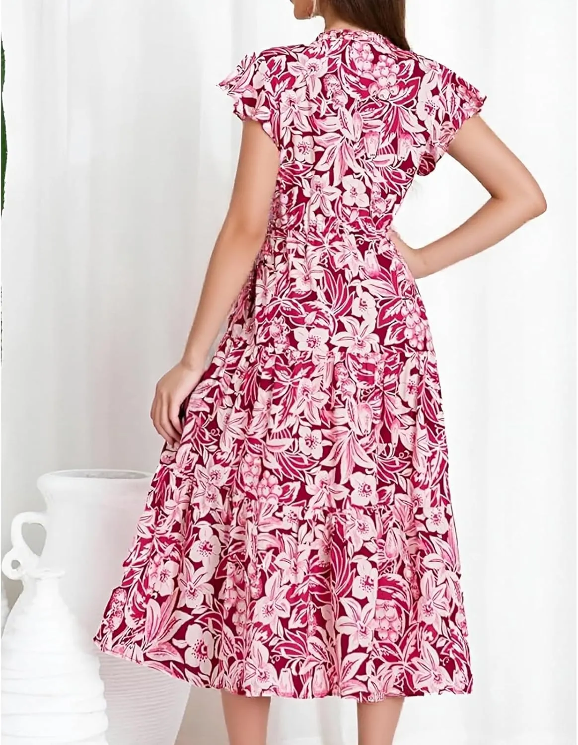 Summer Dresses for Women 2025 Floral Flutter Sleeve Wedding Guest Dresses V Neck Ruffle Tiered Long Flowy Maxi Dress
