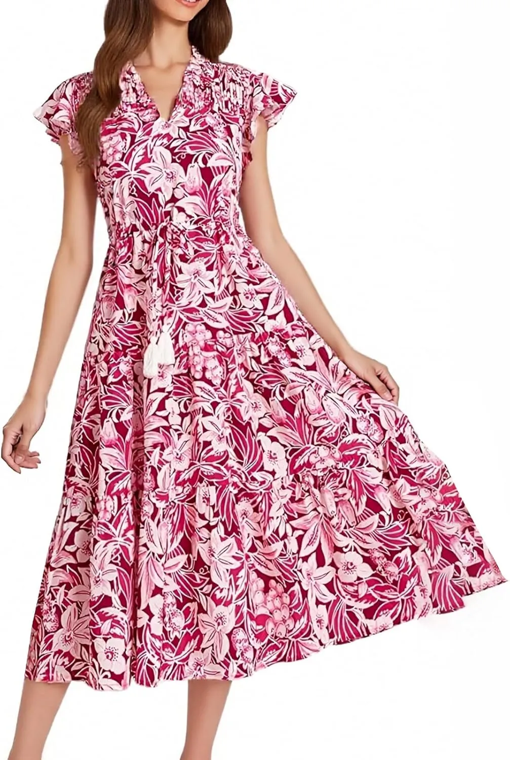Summer Dresses for Women 2025 Floral Flutter Sleeve Wedding Guest Dresses V Neck Ruffle Tiered Long Flowy Maxi Dress