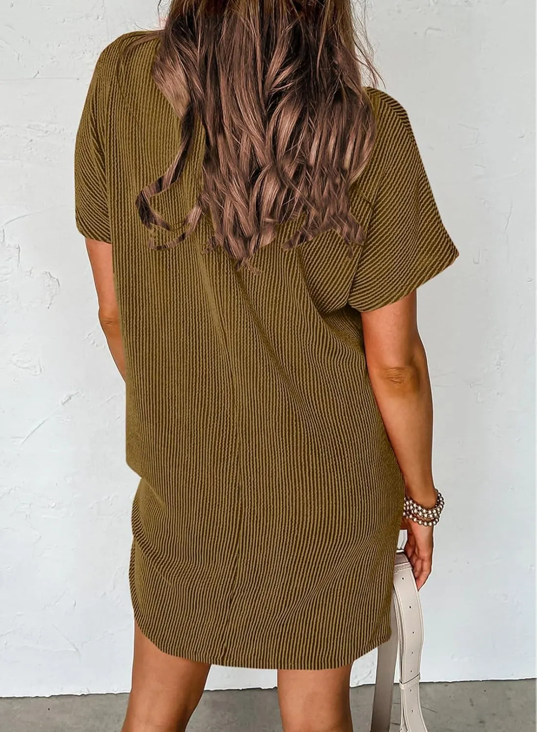 Summer Dresses for Women 2025 Short Sleeve Crew Neck Textured Mini Dress with Pocket Casual Beach Sundress